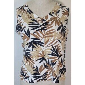 White Stag Tropical Palm Leaf V-Neck Tank Top XL 16/18 White Brown Cotton